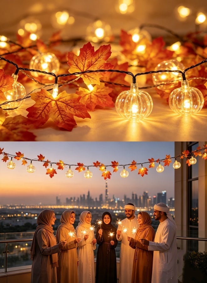 سلسلة أضواء بتصميم أوراق القيقب الخريفية (1.5 متر، 10 مصابيح LED) – تتميز بوضعي تشغيل (إضاءة ثابتة ووميض) وتعمل بالبطارية؛ زينة معلّقة احتفالية مثالية لعيد الشكر، والهالوين، والحفلات، وديكور المنزل، والهدايا - Image 2