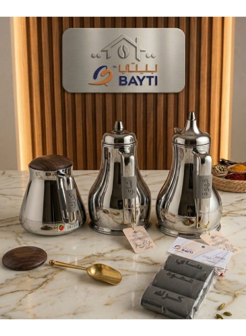 Bayti H.H. مقبض دلة بايتي من الجلد، تصميم عربي تقليدي، ملصقات شاي وقهوة كرك، مجموعة من 3 (رمادي) - Image 2