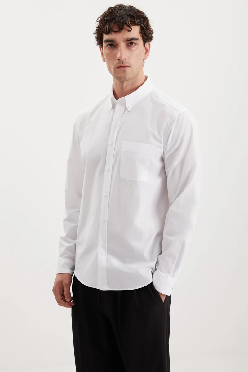 GRIMELANGE Peres Men's Woven Cotton Thick Textured Pocket Slim Fit White Shirt