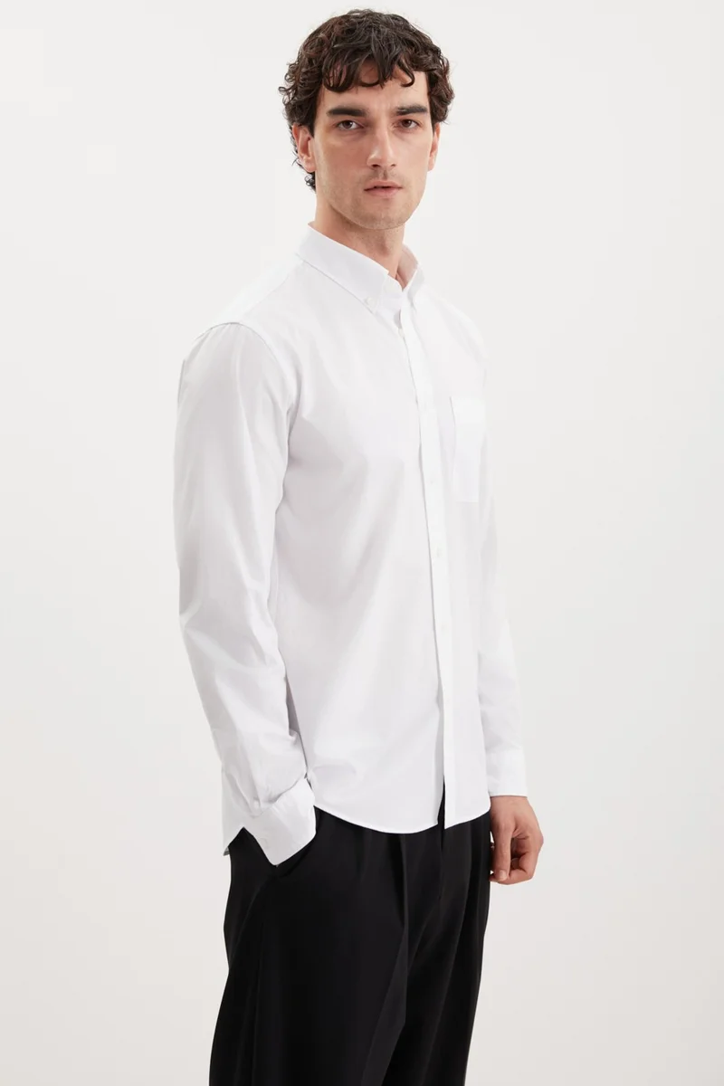 GRIMELANGE Peres Men's Woven Cotton Thick Textured Pocket Slim Fit White Shirt