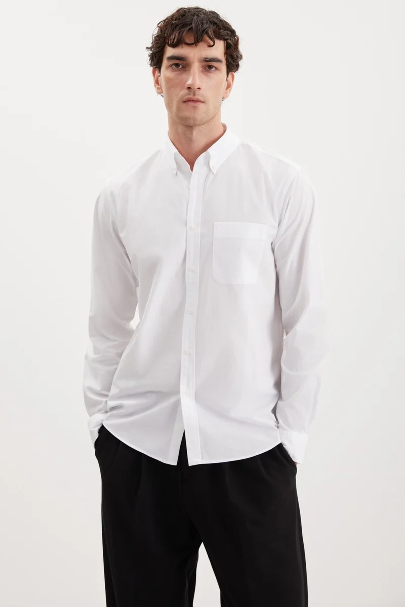 GRIMELANGE Peres Men's Woven Cotton Thick Textured Pocket Slim Fit White Shirt