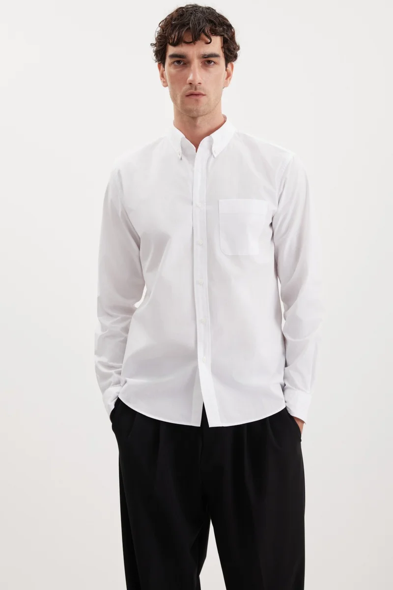 GRIMELANGE Peres Men's Woven Cotton Thick Textured Pocket Slim Fit White Shirt