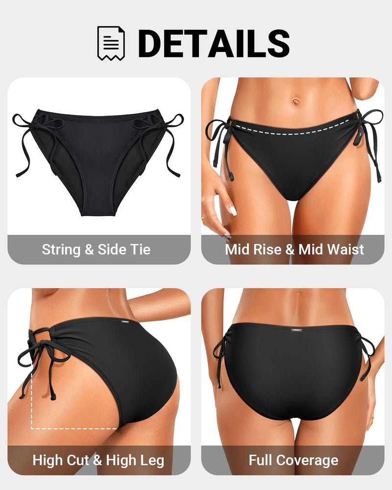 Zmart String Tie Side Bikini Bottoms - Women Full Coverage Swimsuit Bottom Mid Rise Mid Waist Swim Bathing Suit Bottom Black S - Image 4