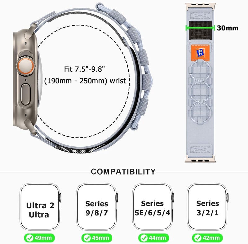 إكسفور حزام نايلون قوي من Excefore لساعة Apple Watch Ultra 2، متوافق مع موديلات 49مم، 45مم، 44مم، 42مم، حزام منسوج بحلقة رياضية فردية مع فيلكرو لسلسلة iWatch 9، 8، 7، SE، 6، Ultra، للرجال - Image 4