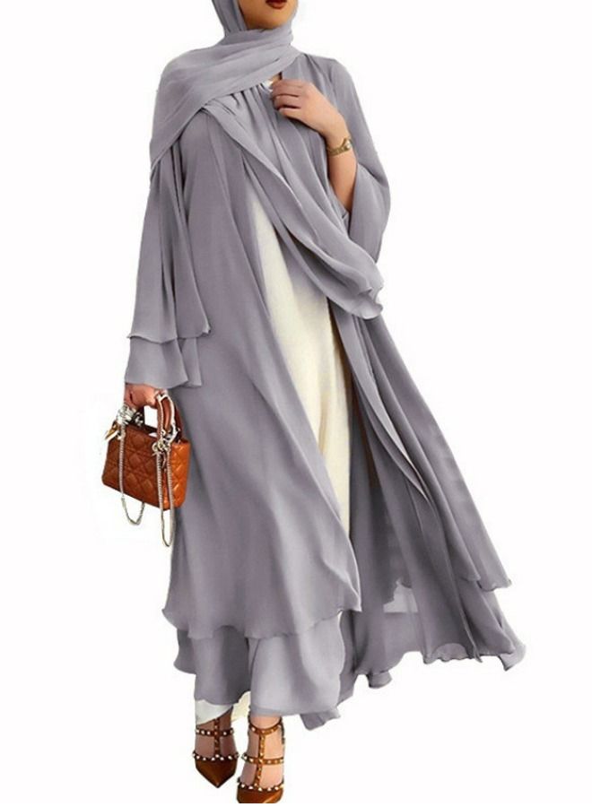 Loquat Women's Solid Color Flared Long-Sleeved Abaya Women's Elegant Long Cardigan Dress Grey 