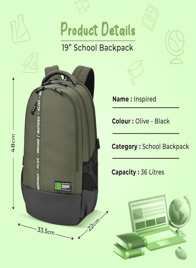 Gear Inspired 19"/36L Large Water Resistant School Bag | Casual Backpack | Daypack | Travel Backpack | Kids Bag for Boys/Girls (Olive - Black) - Image 2