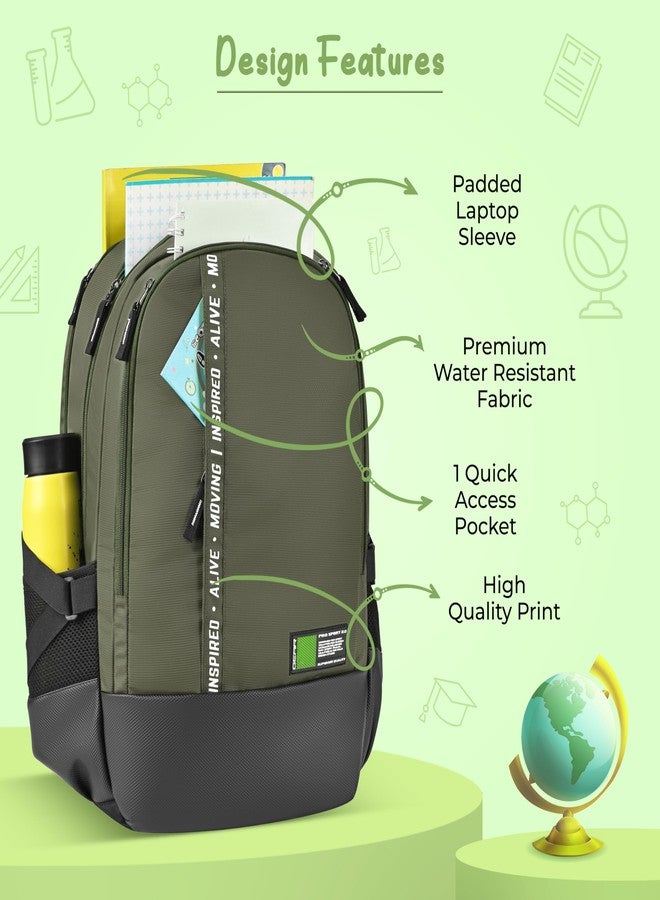 Gear Inspired 19"/36L Large Water Resistant School Bag | Casual Backpack | Daypack | Travel Backpack | Kids Bag for Boys/Girls (Olive - Black) - Image 3