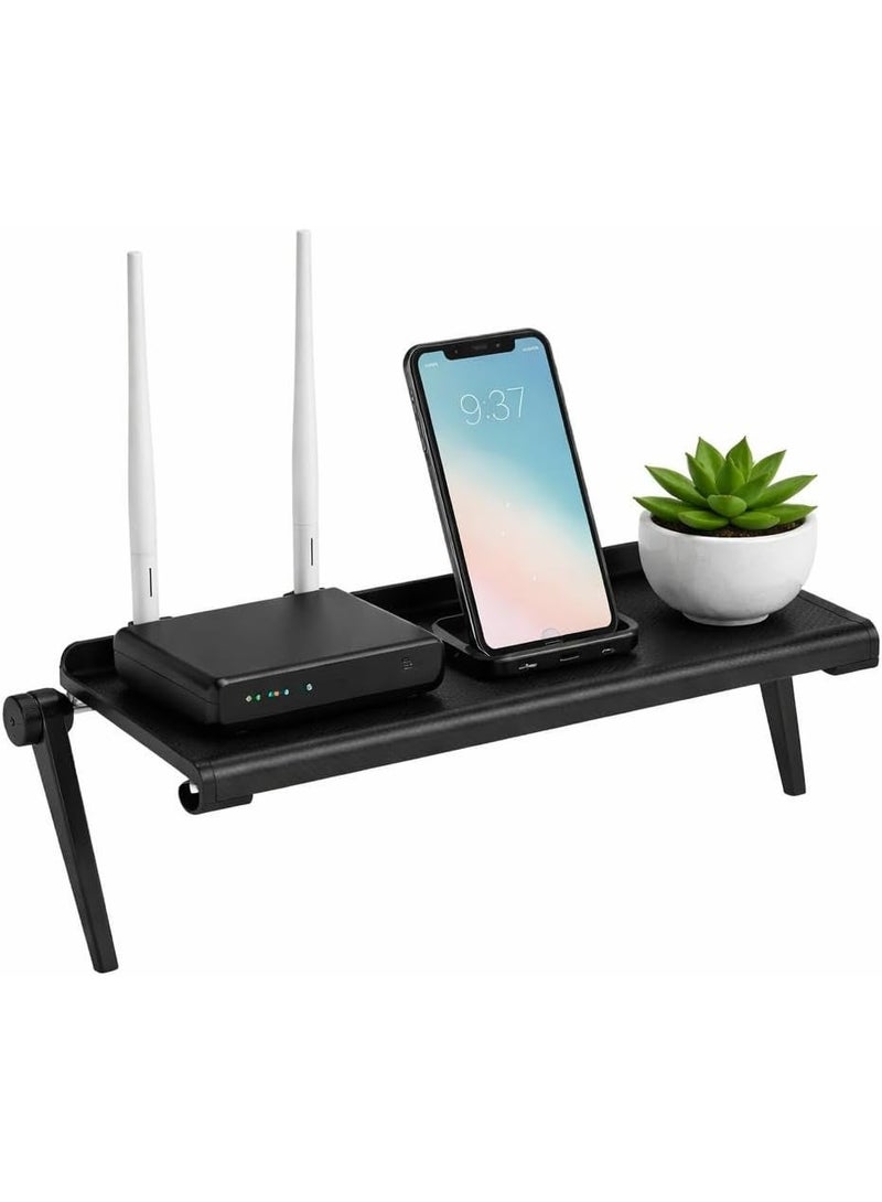 Foldable storage stand for router, plastic top shelf for TV monitor, desktop organizer for router, modem, remote control, and receiver, space-saving, mobile display stand, black - Image 1