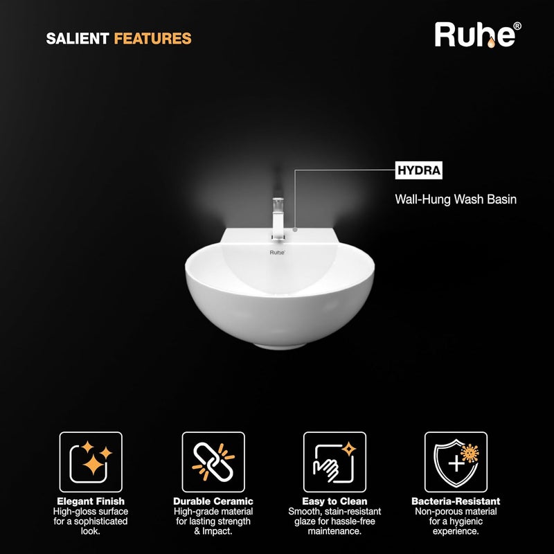 RUHE حوض غسيل هيدرا معلق على الحائط 12x12x5 بوصة، سيراميك مقاوم للخدوش والبقع، شكل نصف دائري، تشطيب لامع، سهل التنظيف، حوض حمام عصري، أبيض - Image 3