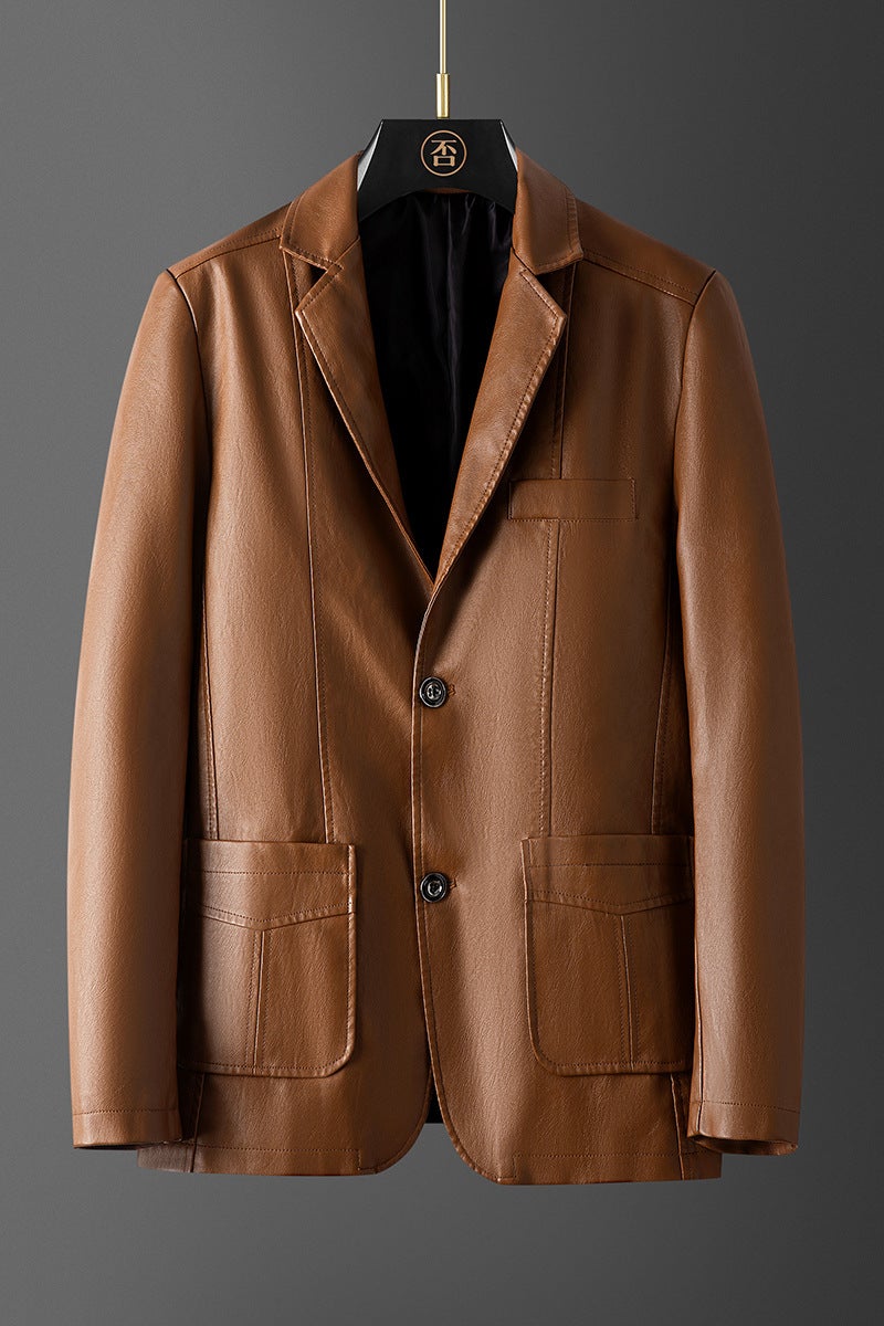Loose Plus Size Pu Leather Men'S Jacket Lapel Business Jacket Middle-Aged Dad Clothes - Image 1