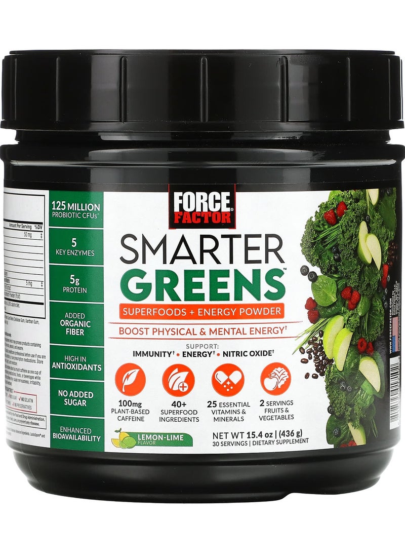 Force Factor Smarter Greens Superfoods + Energy Powder Lemon-Lime 15.4 oz (436 g)