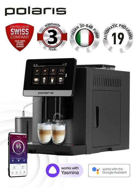 Polaris PACM 2080 Smart Coffee Machine | 19 Auto Programs | 2-Cup Brewing | Wi-Fi App Control | 20-Bar Italian Pump | PROFI-CREAM Milk Frother | 1500 W | 12 Grind Levels | 5 Strength Levels
