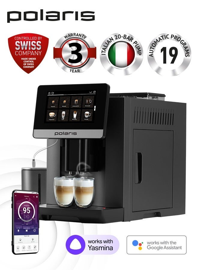 Polaris PACM 2080 Smart Coffee Machine | 19 Auto Programs | 2-Cup Brewing | Wi-Fi App Control | 20-Bar Italian Pump | PROFI-CREAM Milk Frother | 1500 W | 12 Grind Levels | 5 Strength Levels - Image 1