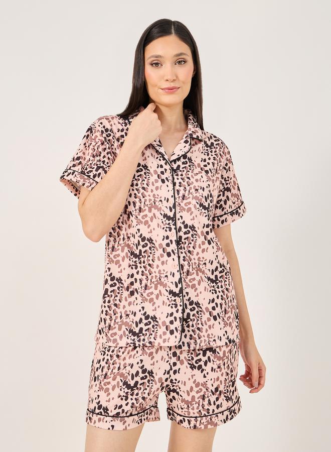 Styli All Over Leopard Print Button Placket Shirt and Shorts Set  - Image 3