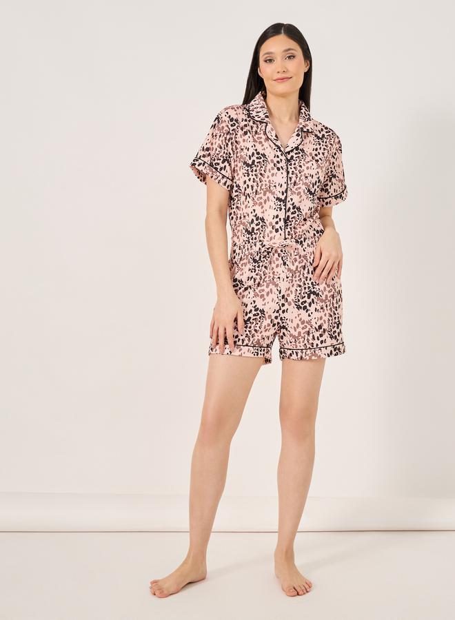 Styli All Over Leopard Print Button Placket Shirt and Shorts Set  - Image 2