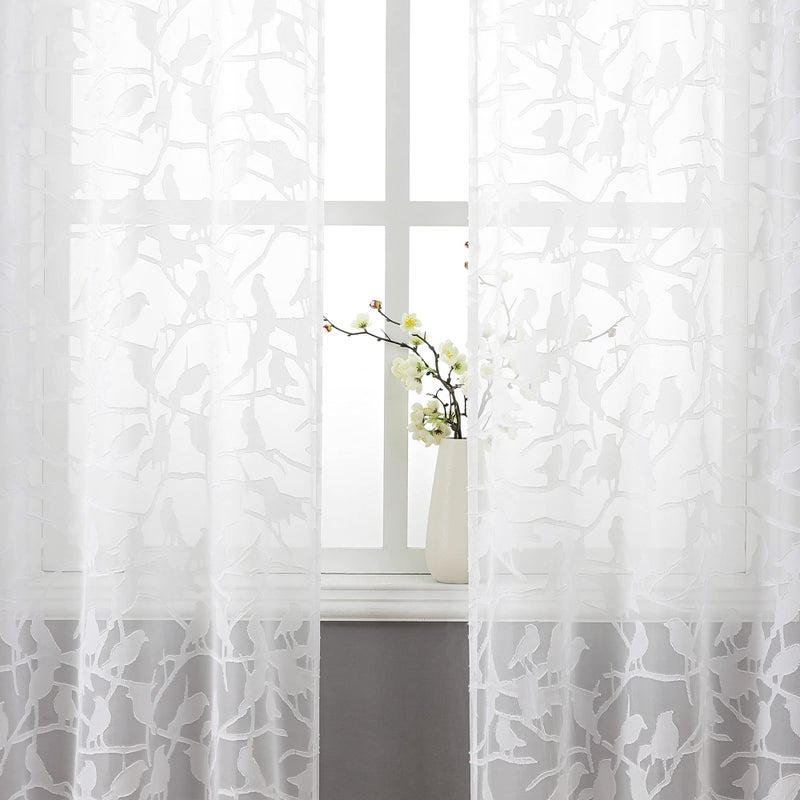 OVZME Anji Sheer White Curtains 63 Inches Long  Light & Airy Privacy Textured Semi Sheer Drapes  Dual Rod Pocket Voile Clipped Birds Luxury White Sheer Curtains for Bedroom Living Room  W38 x L63 - Image 3
