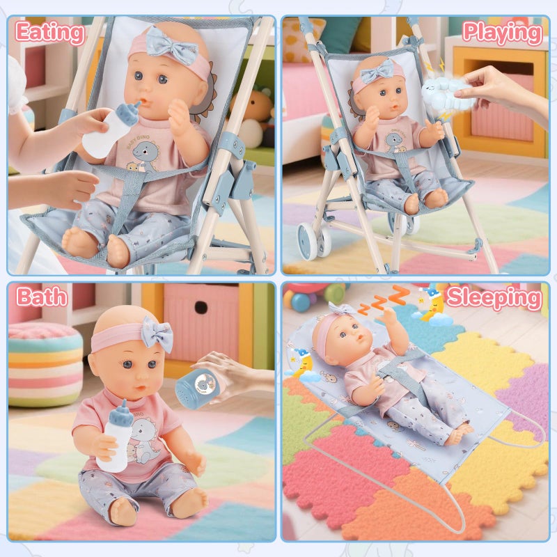 deAO Baby Doll Set,12 inch Doll Playset with Doll Stroller Crib Bed Nursery Role Play Set Accessories and Play Mat,Foldable Stroller and Travel Bag,Birthday Gifts for Girls - Image 5