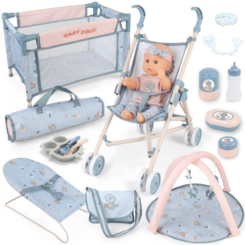 deAO Baby Doll Set,12 inch Doll Playset with Doll Stroller Crib Bed Nursery Role Play Set Accessories and Play Mat,Foldable Stroller and Travel Bag,Birthday Gifts for Girls - Image 1