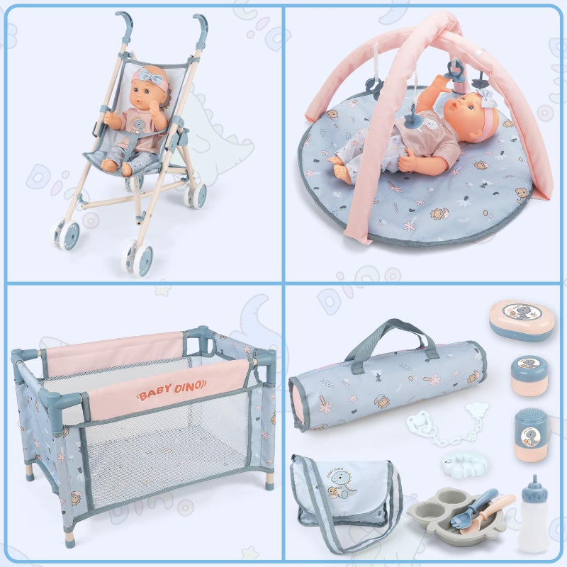 deAO Baby Doll Set,12 inch Doll Playset with Doll Stroller Crib Bed Nursery Role Play Set Accessories and Play Mat,Foldable Stroller and Travel Bag,Birthday Gifts for Girls - Image 2