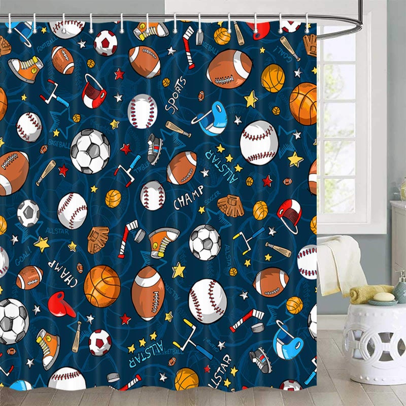 JAWO Sports Shower Curtain for Kids Children Teens Basketball Football Baseball Hockey Star Blue Shower Curtain Sports Bathroom Decor Fabric Baseball Shower Curtain Set with Hooks 72X72 Blue