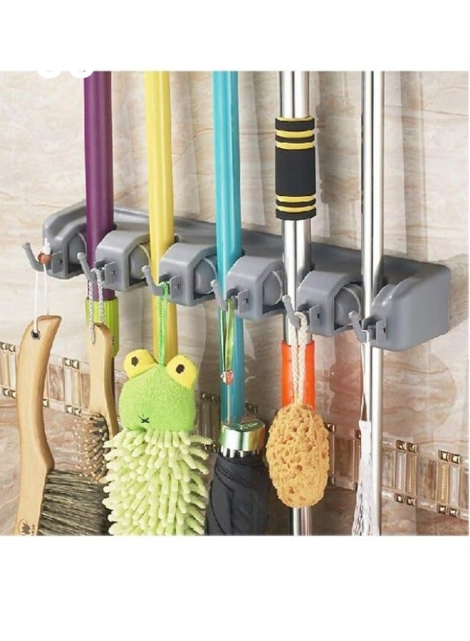 Wall-Mounted Broom and Mop Holder Organizer | 5-Slot Cleaning Tool Rack with Hooks for Home & Garage Storage