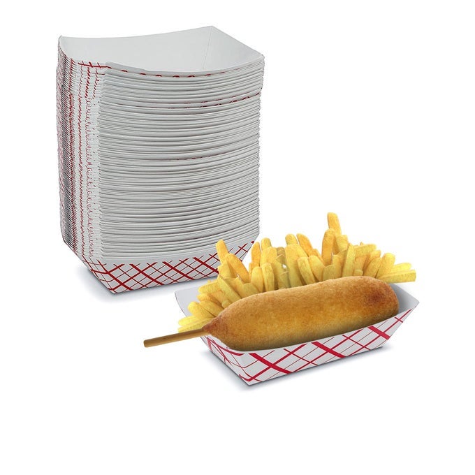 PLAID HOT DOG TRAYS 3LB DISPOSABLE PAPER FOOD TRAY PACK OF 100 MADE IN THE USA