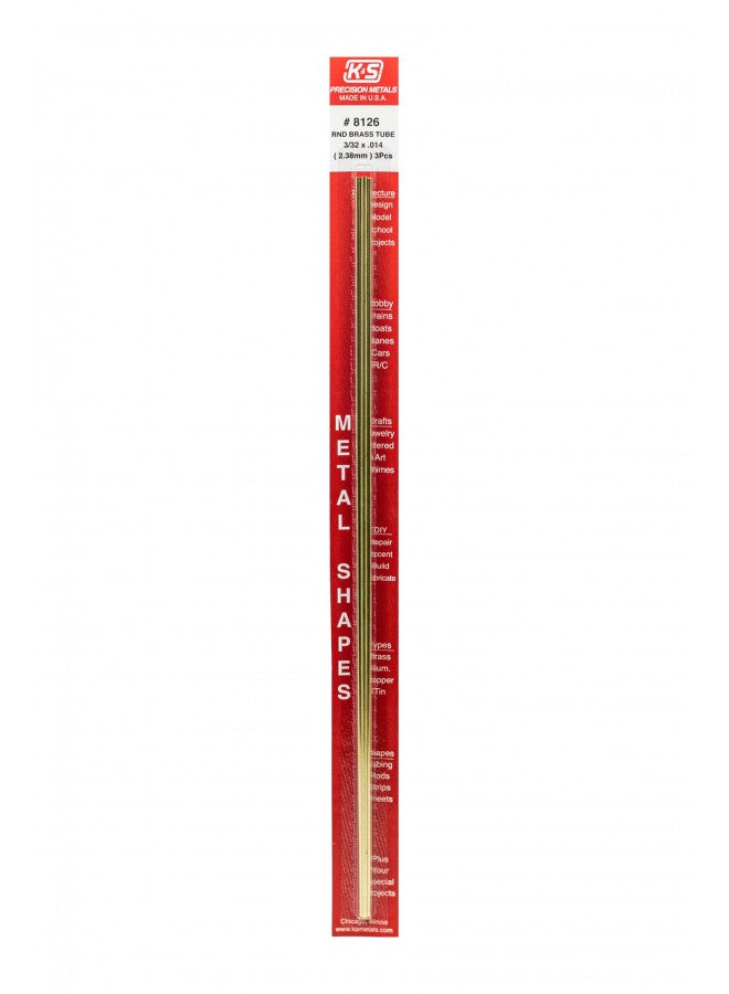 K & S PRECISION METALS 8126 3PK3/32 x 12 BRS RND Tube, Pack of 3, Brass - Image 1