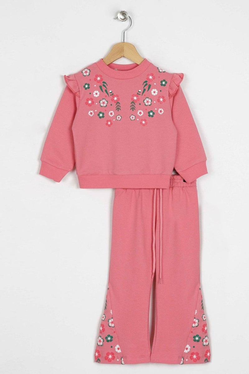 Zepkids Crew Neck Long Sleeve Flower Embroidery Printed Pink Color Girl's Two Piece Set  - Image 1