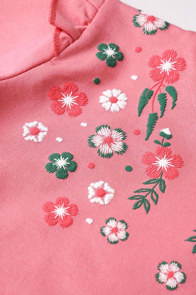 Zepkids Crew Neck Long Sleeve Flower Embroidery Printed Pink Color Girl's Two Piece Set  - Image 3
