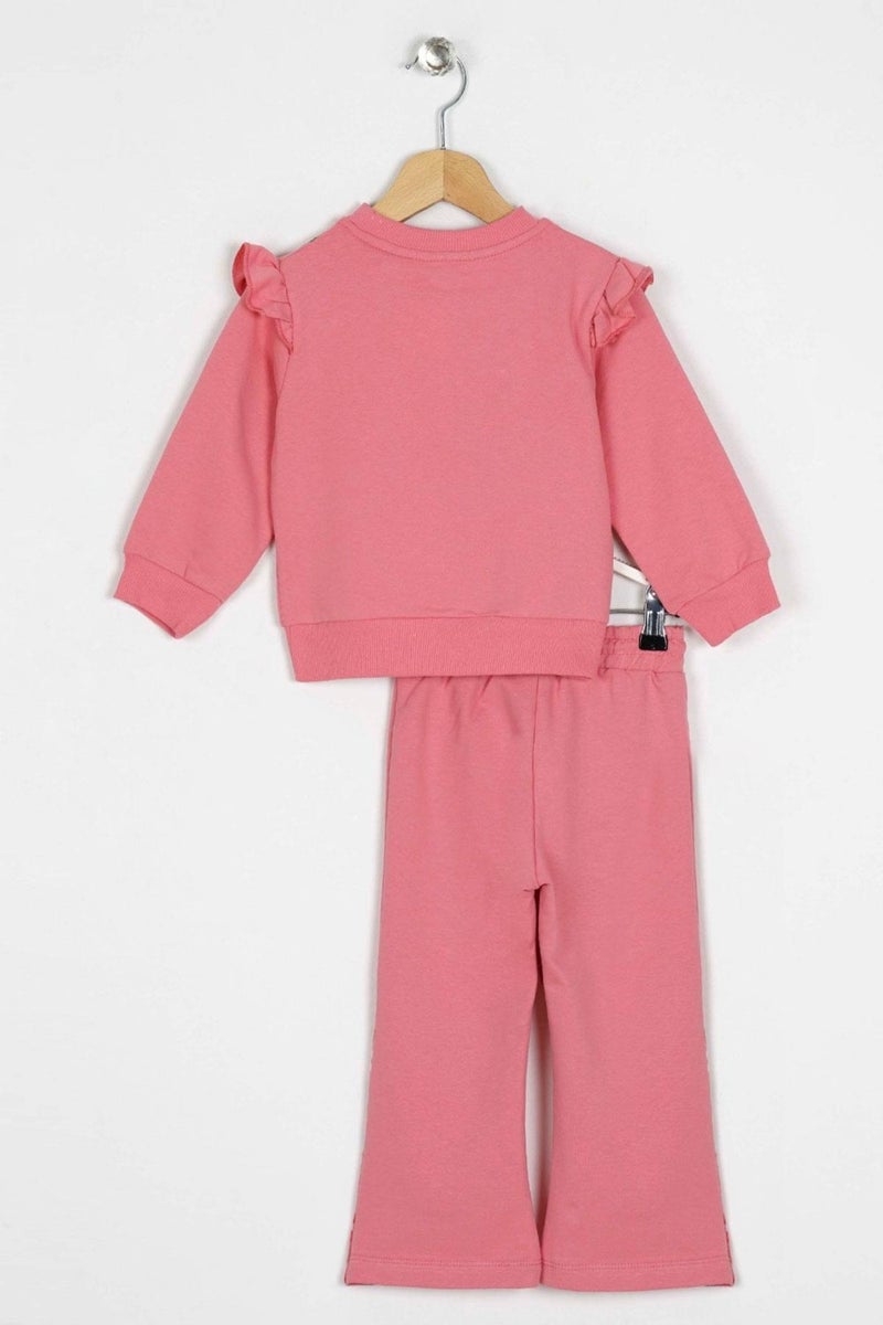 Zepkids Crew Neck Long Sleeve Flower Embroidery Printed Pink Color Girl's Two Piece Set  - Image 2