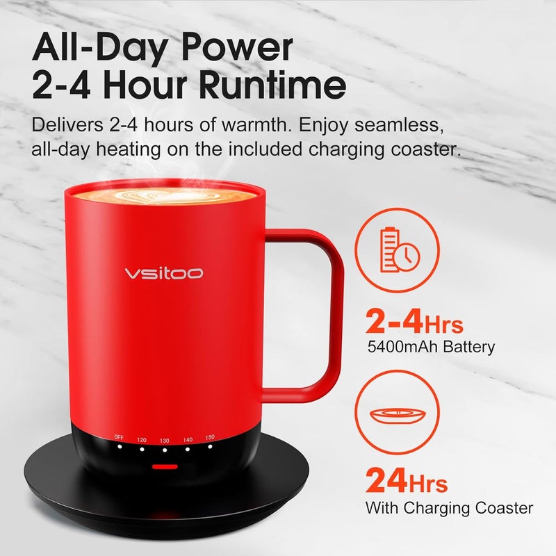 vsitoo S3 Pro 16oz Self Heating Coffee Mug with AI Auto-Sensing, Smart Rechargeable Heated Mug Warmer 120-150℉, IPX7 Waterproof Temperature Control, Gift for Men Women - Red - Image 3