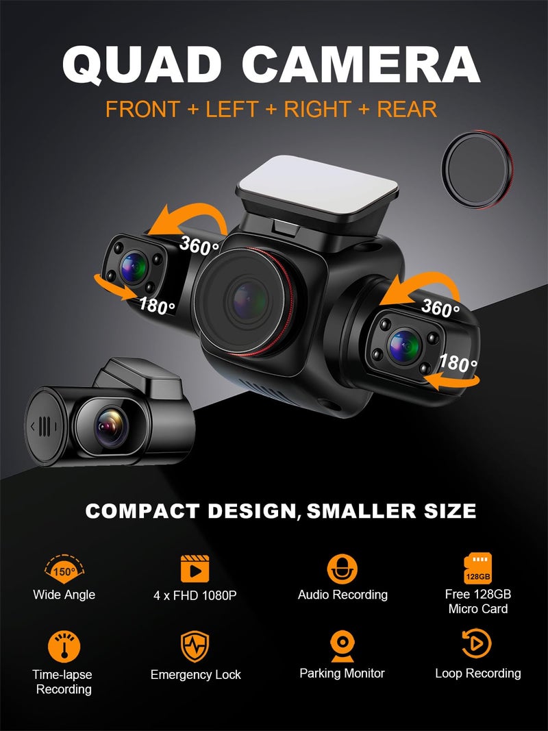 PRUVEEO 360 Degree View 4 Channel Dash Cam Front and Rear Inside Left Right, Dash Camera for Cars with CPL, Built-in GPS WiFi Night Vision, 24/7 Recording Parking Mode Monitor, Free 128G Card - Image 2