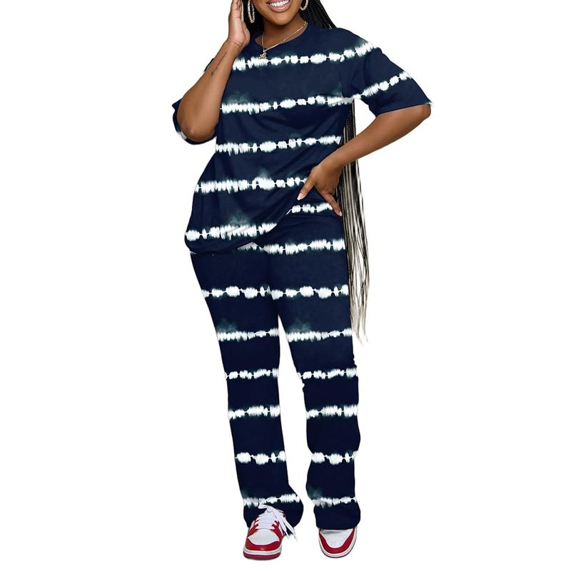 PINSV Womens Sets 2 Piece Outfits Casual Short Sleeve Top and Flare Pants Lounge Sets Tracksuit Stripe XL - Image 3