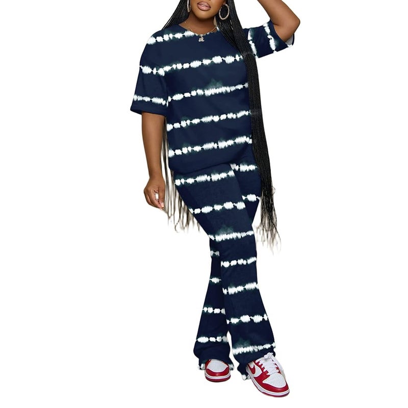 PINSV Womens Sets 2 Piece Outfits Casual Short Sleeve Top and Flare Pants Lounge Sets Tracksuit Stripe XL - Image 1