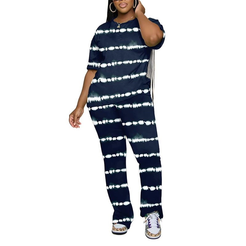 PINSV Womens Sets 2 Piece Outfits Casual Short Sleeve Top and Flare Pants Lounge Sets Tracksuit Stripe XL - Image 4