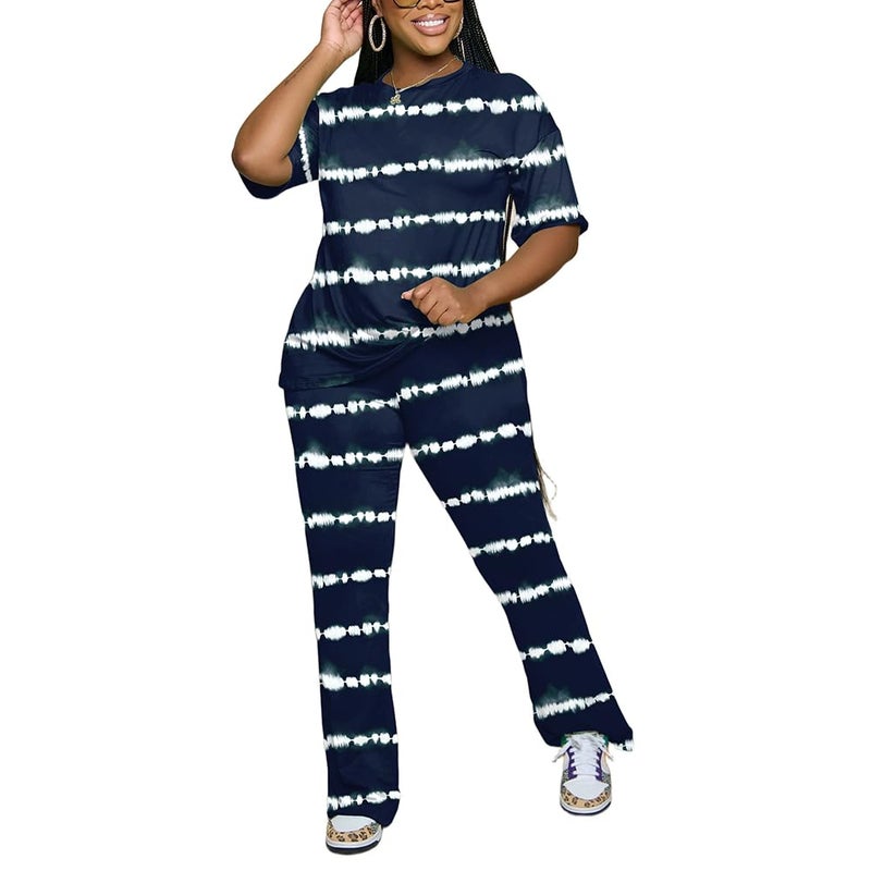 PINSV Womens Sets 2 Piece Outfits Casual Short Sleeve Top and Flare Pants Lounge Sets Tracksuit Stripe XL - Image 5