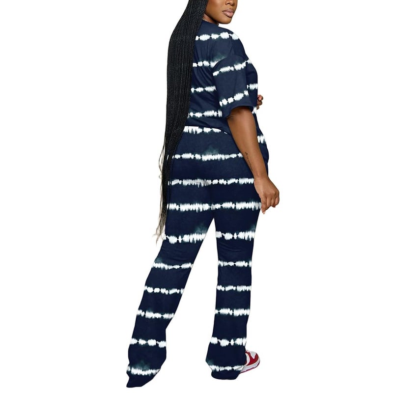 PINSV Womens Sets 2 Piece Outfits Casual Short Sleeve Top and Flare Pants Lounge Sets Tracksuit Stripe XL - Image 2