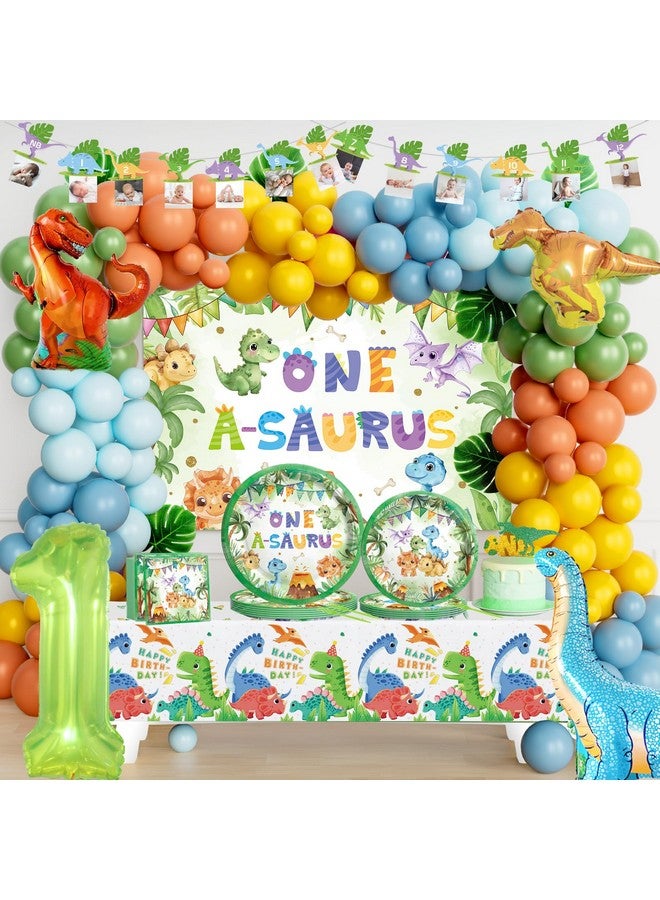 Hombae One a Saurus Birthday Decorations, 1st Birthday Decorations for Boy, Dinosaur First Birthday Party Supplies, Dino Themed Backdrop Balloon Banner Tablecloth Cake Topper Plates Napkins Forks - Image 1