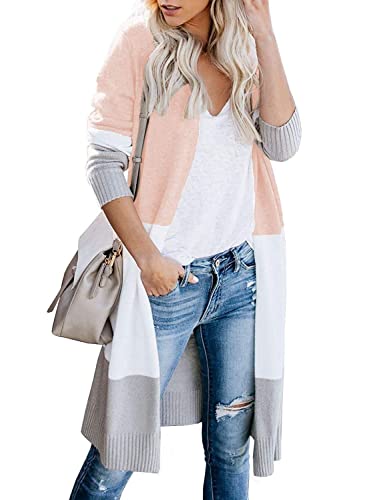 CARDYDONY Women Open Front Cardigan Colorblock Long Sleeve Sweaters Light Pink XL - Image 1
