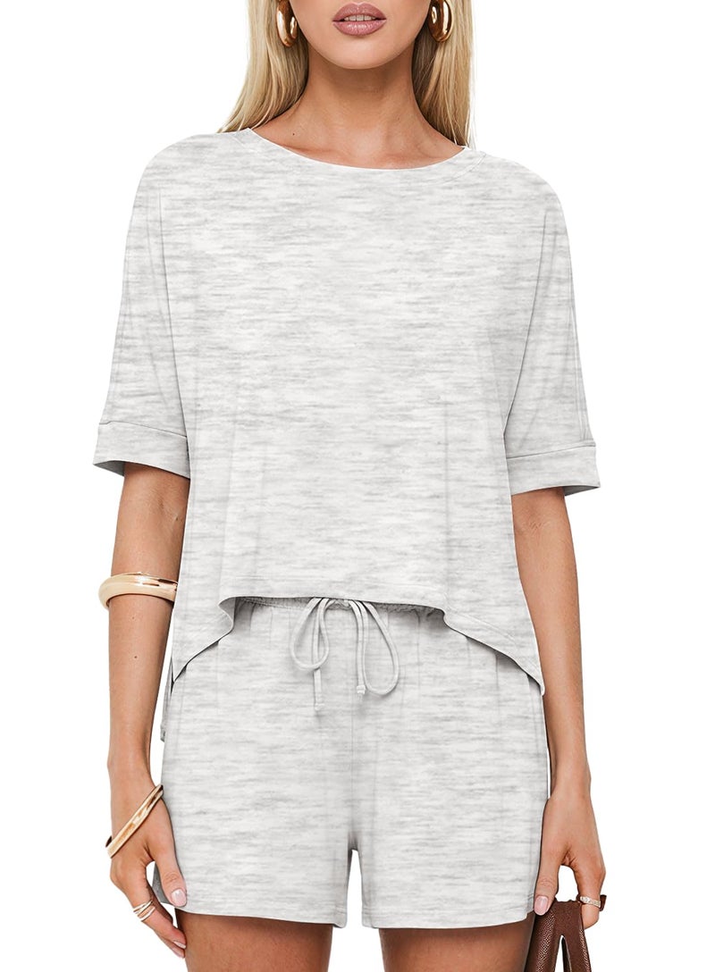 Darong Women Fashion Lounge Sets Summer Outfits T-Shirt Top and Shorts Set 2 Piece Matching Tracksuit 9241 White Grey S - Image 4