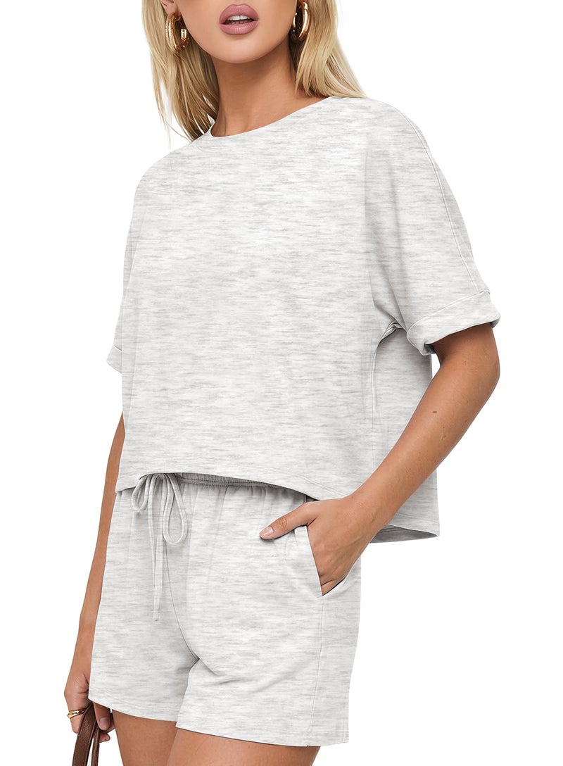 Darong Women Fashion Lounge Sets Summer Outfits T-Shirt Top and Shorts Set 2 Piece Matching Tracksuit 9241 White Grey S - Image 3