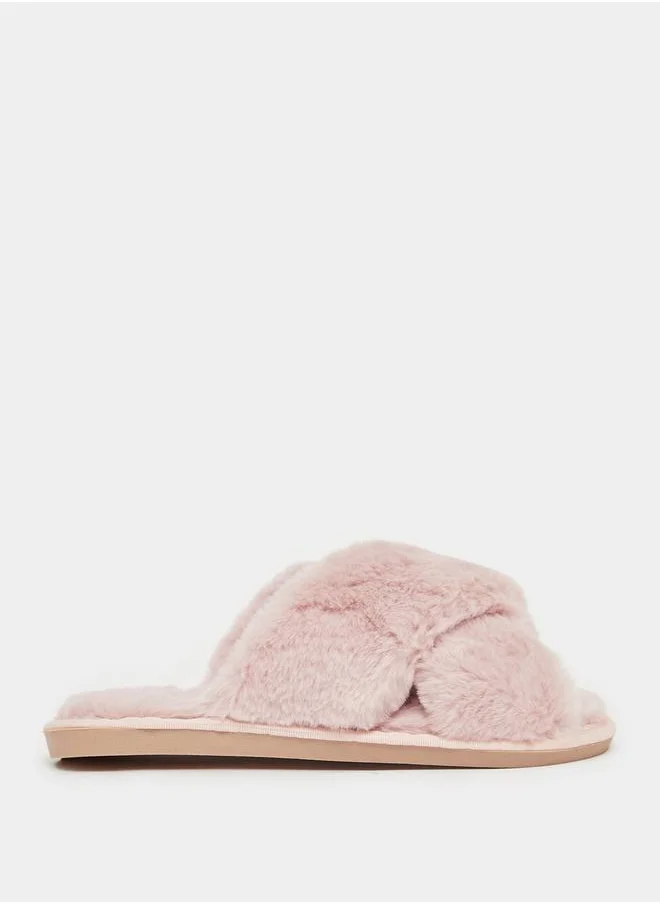 Styli Criss Cross Strap Fluffy Bedroom Slippers