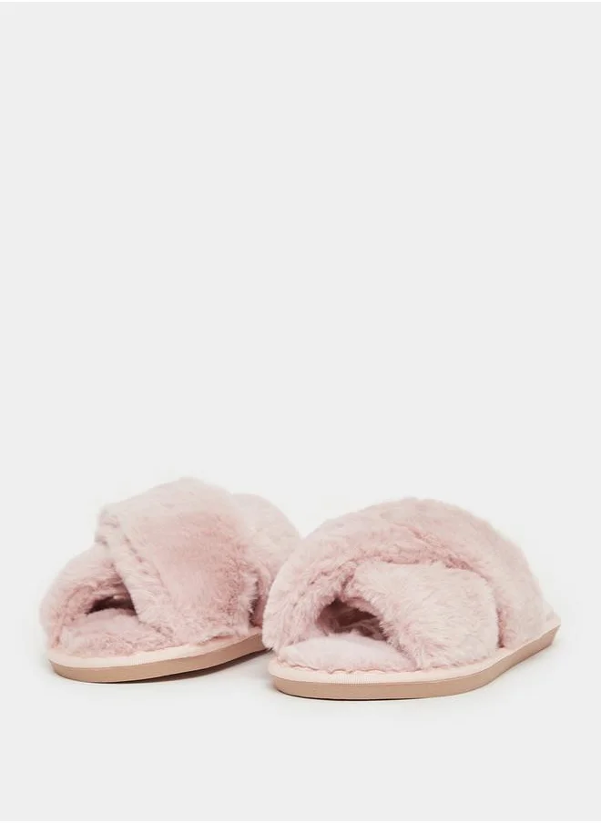 Styli Criss Cross Strap Fluffy Bedroom Slippers