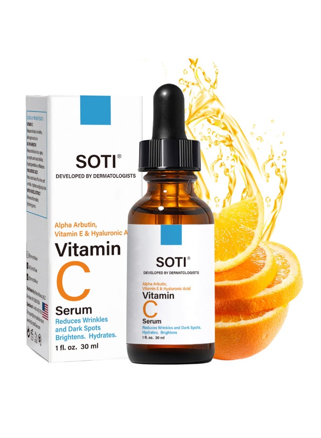 SOTI Vitamin C Face Serum with Hyaluronic Acid Alpha Arbutin and Vitamin E Anti Aging for Dark Spots Wrinkles Acne Brightens Skin Tone Restores Radiance 1 floz 30ml - Image 2