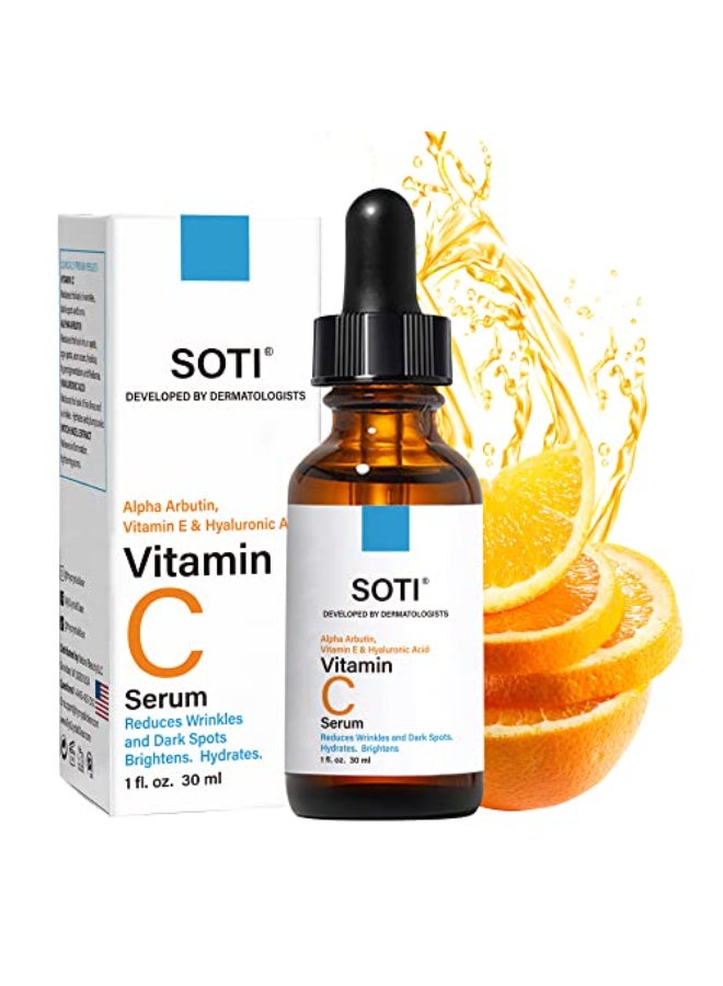 SOTI Vitamin C Face Serum with Hyaluronic Acid Alpha Arbutin and Vitamin E Anti Aging for Dark Spots Wrinkles Acne Brightens Skin Tone Restores Radiance 1 floz 30ml - Image 1