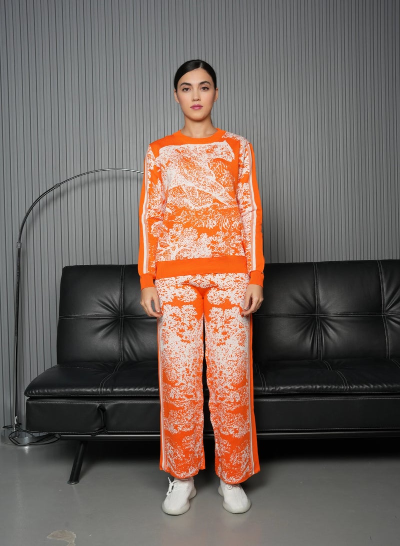 Andy 2333 | Women's Cotton Printed Two-Piece Set | Knit Top and Wide-Leg Pants | Orange - Image 1