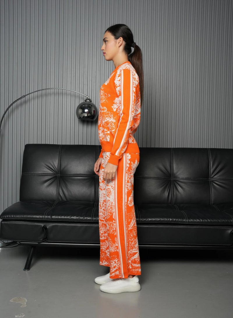 Andy 2333 | Women's Cotton Printed Two-Piece Set | Knit Top and Wide-Leg Pants | Orange - Image 3