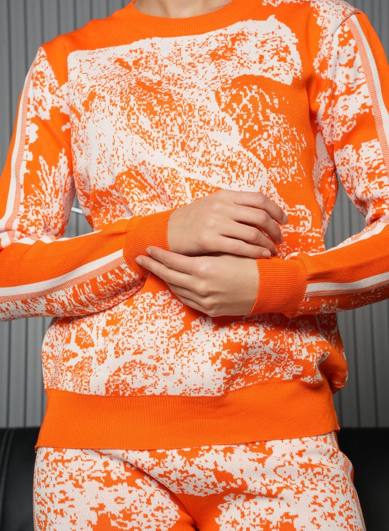 Andy 2333 | Women's Cotton Printed Two-Piece Set | Knit Top and Wide-Leg Pants | Orange - Image 4