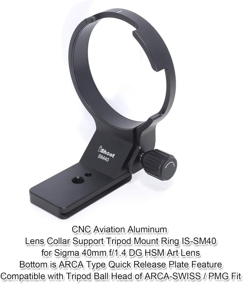 iShoot CNC Machined 82mm Tripod Mount Ring Lens Collar for Sigma 40mm f/1.4 DG HSM Art Lens, Built-in ARCA Type Quick Release Plate Compatible with Tripod Ball Head of ARCA-Swiss PMG Fit - Image 2