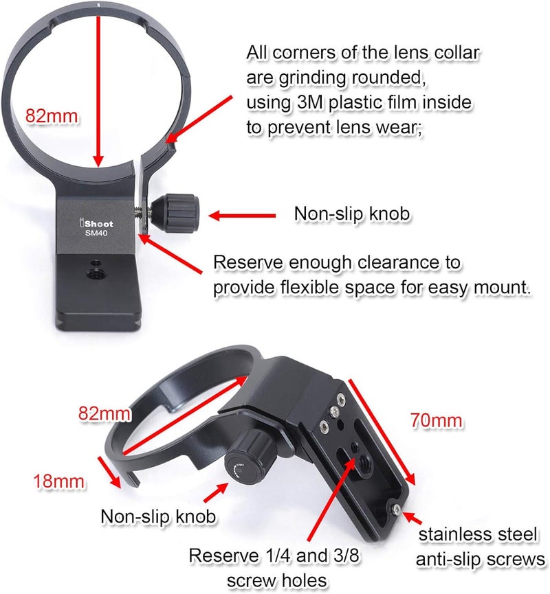 iShoot CNC Machined 82mm Tripod Mount Ring Lens Collar for Sigma 40mm f/1.4 DG HSM Art Lens, Built-in ARCA Type Quick Release Plate Compatible with Tripod Ball Head of ARCA-Swiss PMG Fit - Image 3